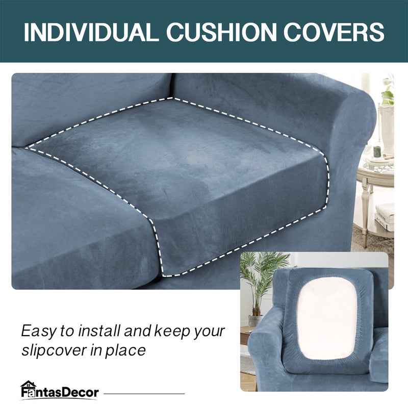 FantasDecor 4 Piece Sofa Velvet Couch Covers for 3 Cushion Stretch Slipcover with Individual Seat Cushion Elastic Furniture Protector for Pets, Machine Washable (Sofa,Stone Blue) - Image 4